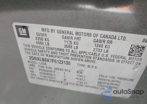 2015 Chevrolet Equinox 1Lt из США, поврежденный, VIN 2GNALBEK7F6122136